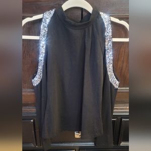 Black and glitter long sleeve peep shoulder top